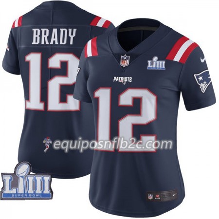 Camiseta Mujer NFL New England Patriots Tom Brady 12 Nike Azul 2019 Super Bowl LIII 